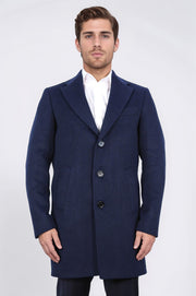 üç düğmeli mono yaka yün ve kaşmir karışımlı lacivert kaban